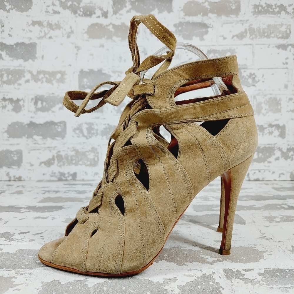 Alaia Beige Cut Out Suede Lace Up Peep Toe Heeled Ankle Booties M817 - Picture 1 of 15